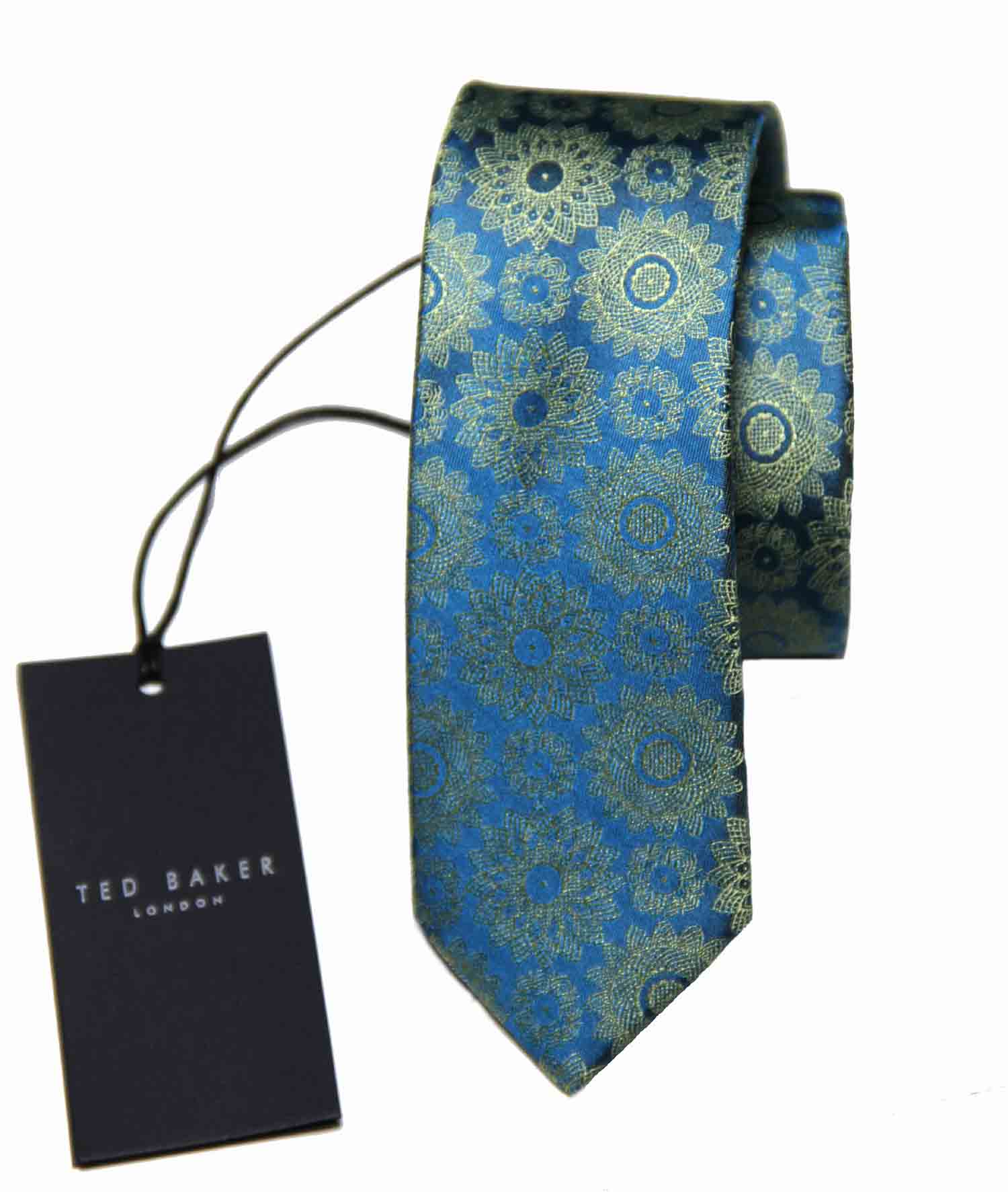 Ted Baker Silk Tie Teal Yellow Floral Narrow Men's