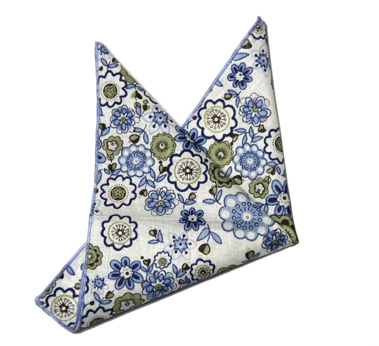 Gascoigne Pocket Square Floral White Navy Blue Brown Green Men's