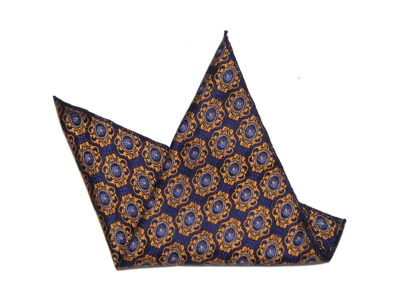 Gascoigne Pocket Square Fancy Geometric Silk Blend Blue Gold Men's
