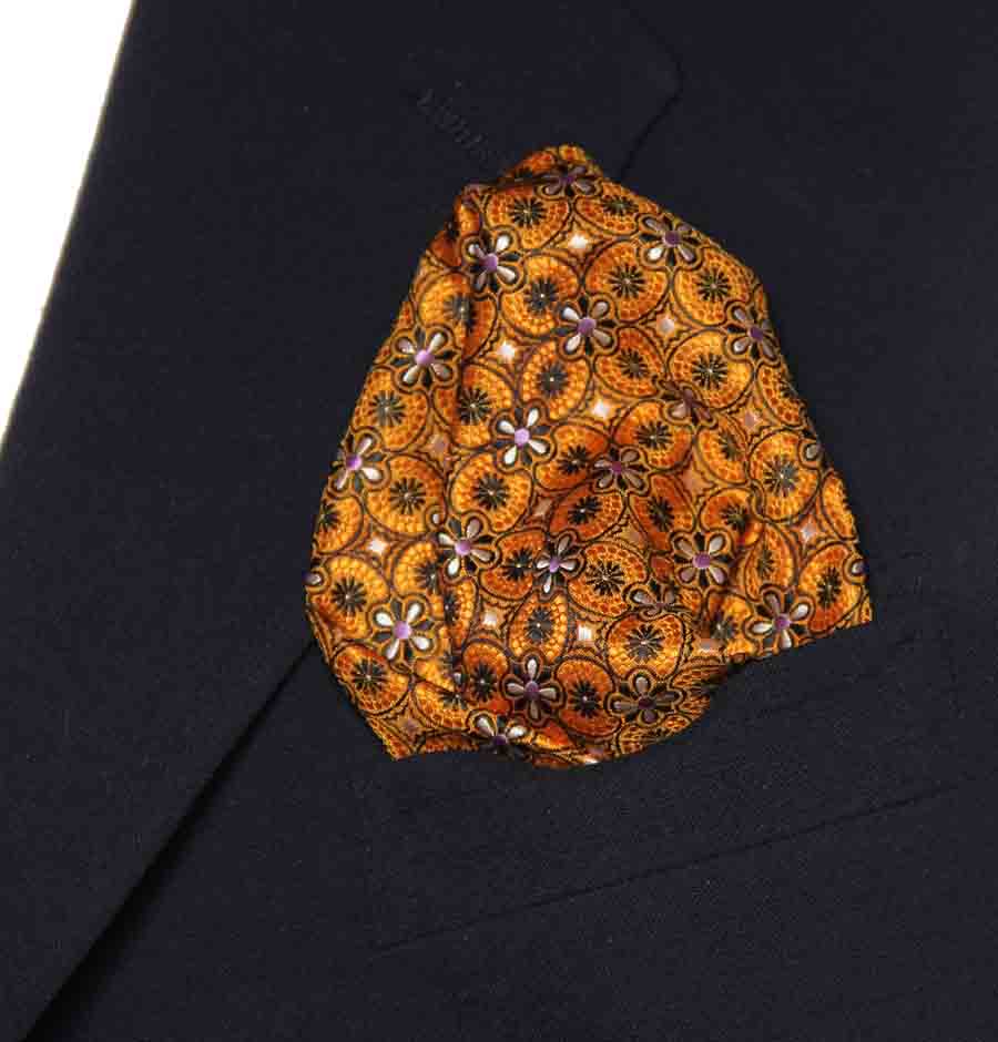 Gascoigne Floral Pocket Square Orange Brown White Lavender Men's