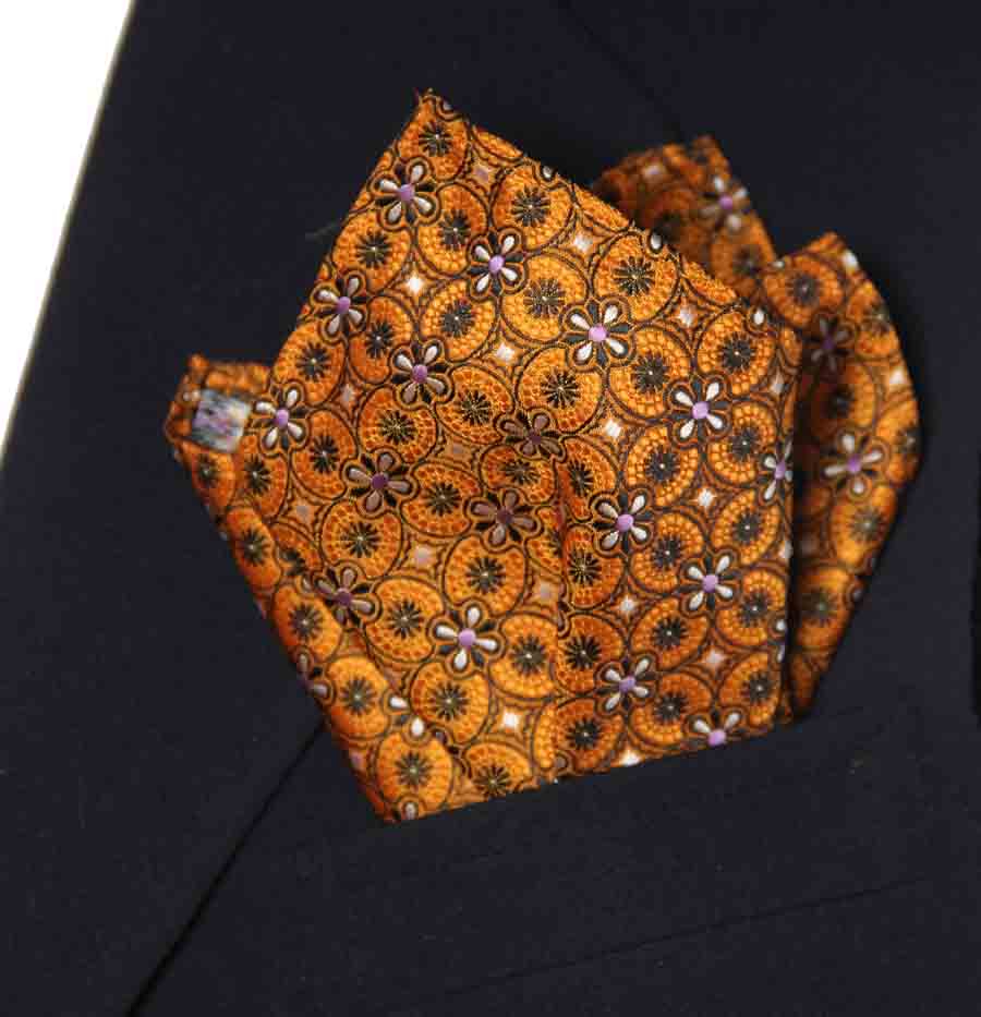 Gascoigne Floral Pocket Square Orange Brown White Lavender Men's