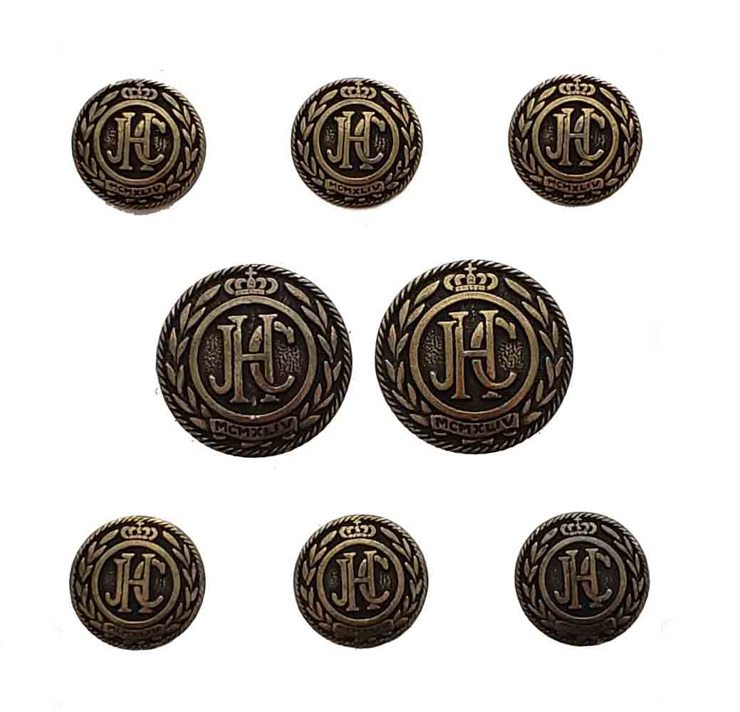 Vintage Semi-Dome JHC Monogram Blazer Buttons Set Antique Gold Brown Brass Men's