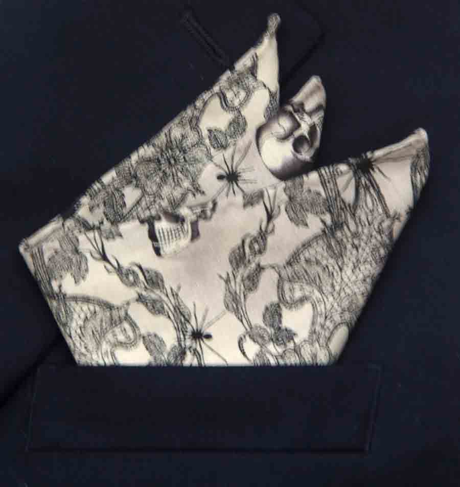 Hand Stitched / Rolled Hem Skull Pocket Square Cotton Goth Tan Black Gray Floral Spiders Men's