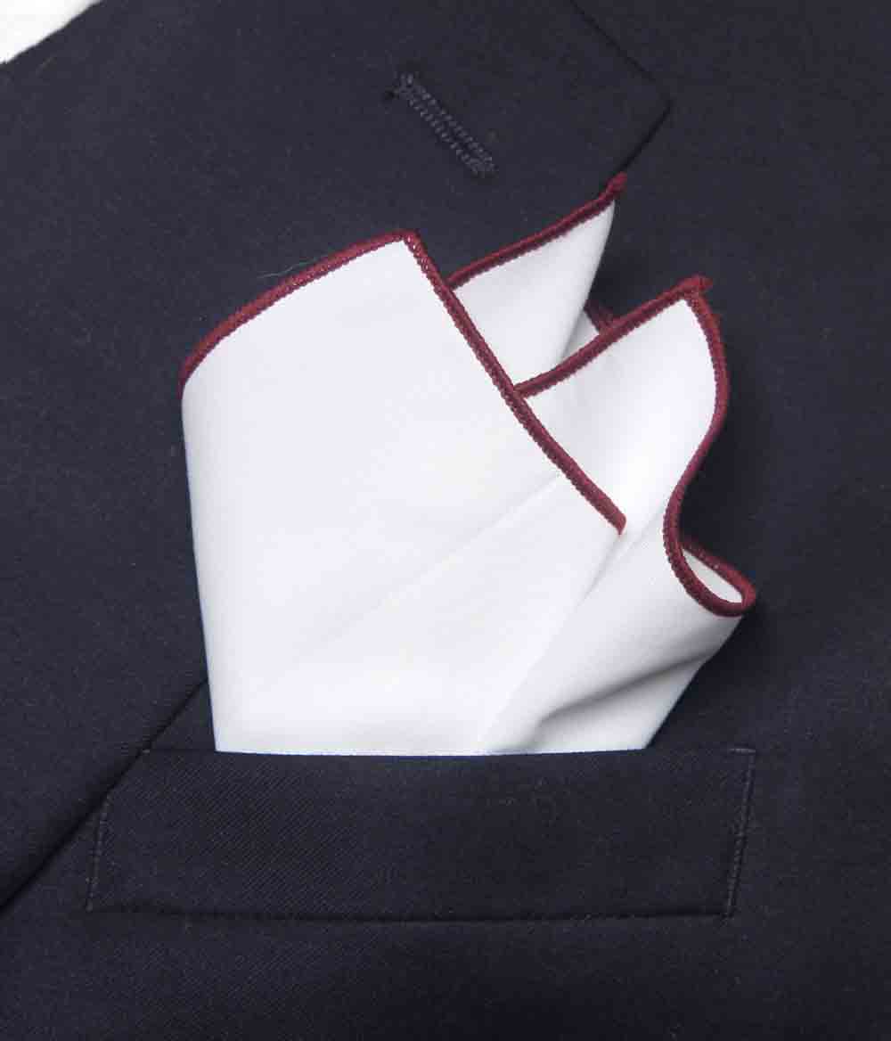 Gascoigne White Pocket Square Burgundy Hem Cotton Blend Men's