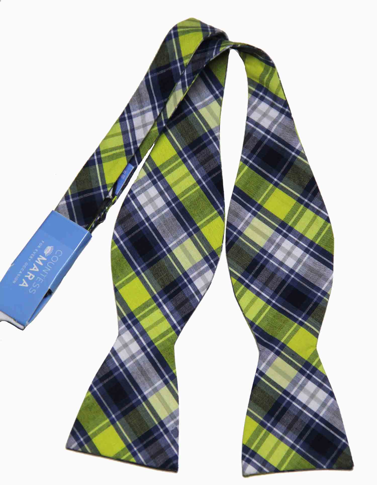 Countess Mara Plaid Bow Tie Yellow Green Gray Blue White Cotton Men's