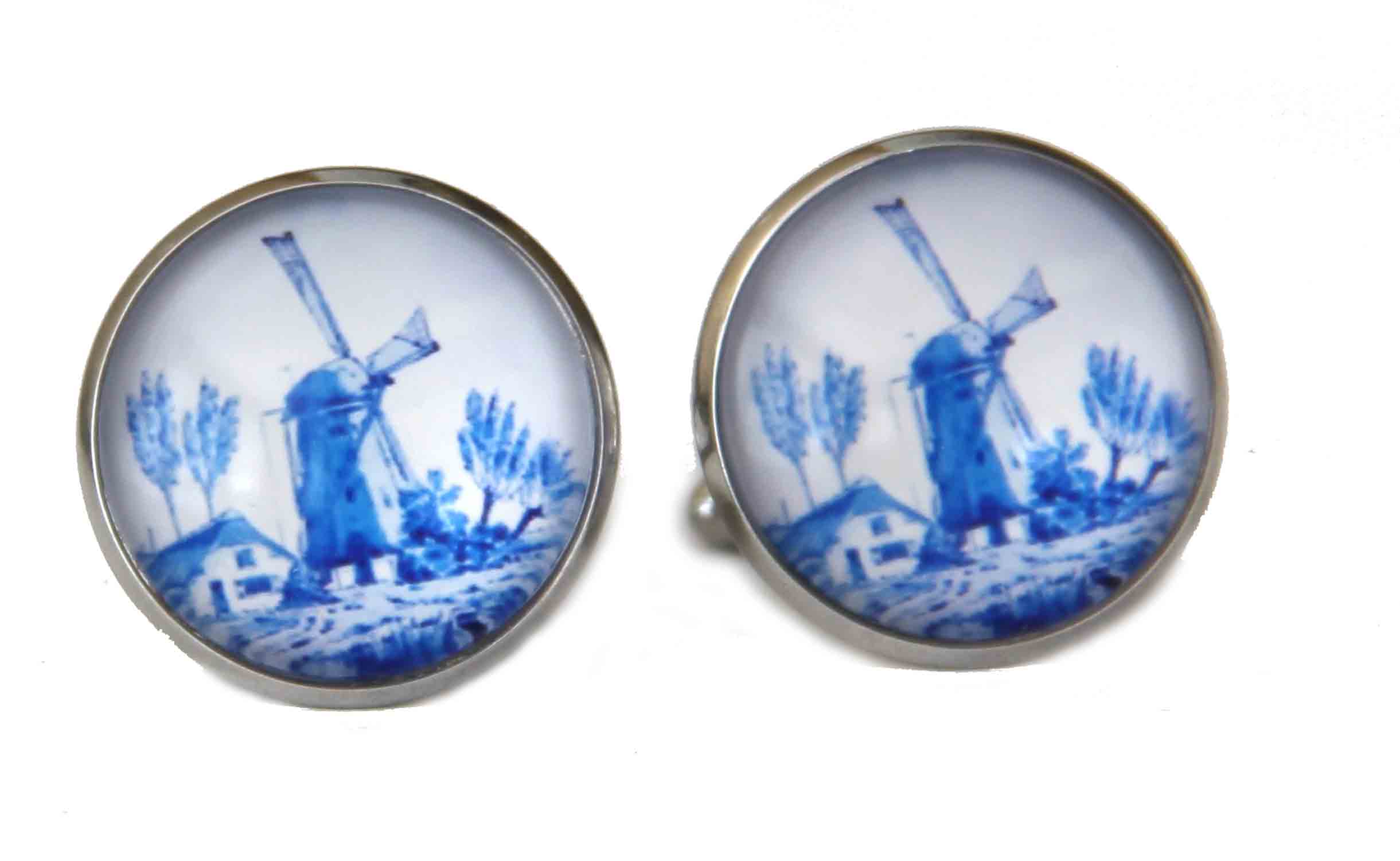 Gascoigne Cufflinks Handmade Delft Pattern Windmill Blue White Silver Men's