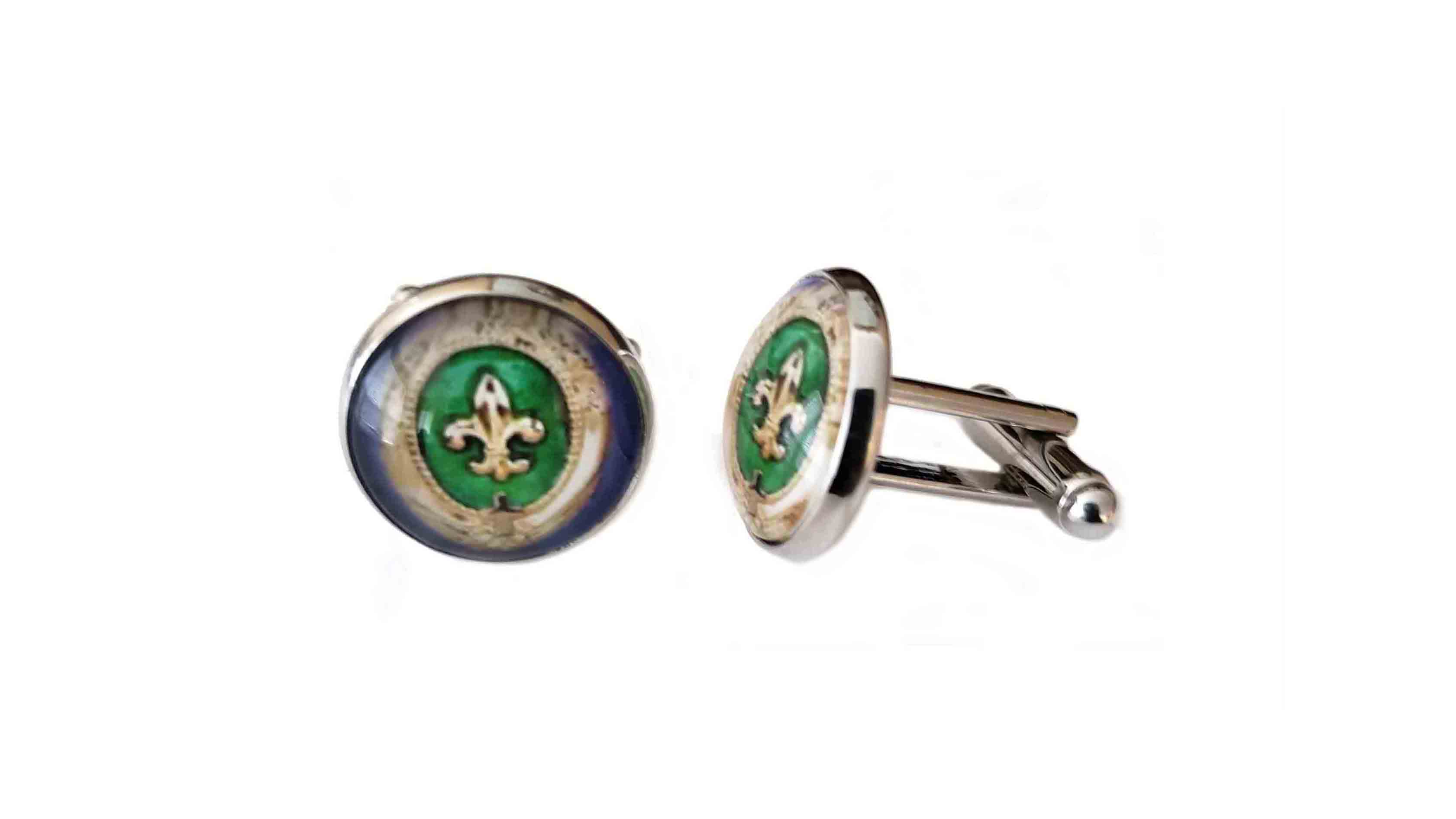 Gascoigne Cufflinks Handmade Silver Purple Tan Green Fleur de Lis Men's