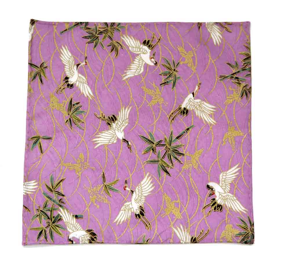 Gascoigne Hand Stitched Pocket Square Purple Japanese Kimono Fabric Cranes Pattern Men's