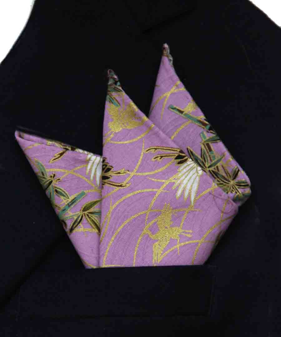 Gascoigne Hand Stitched Pocket Square Purple Japanese Kimono Fabric Cranes Pattern Men's
