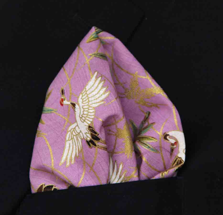 Gascoigne Hand Stitched Pocket Square Purple Japanese Kimono Fabric Cranes Pattern Men's