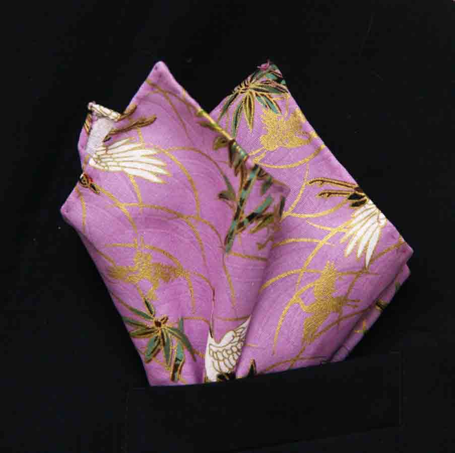 Gascoigne Hand Stitched Pocket Square Purple Japanese Kimono Fabric Cranes Pattern Men's