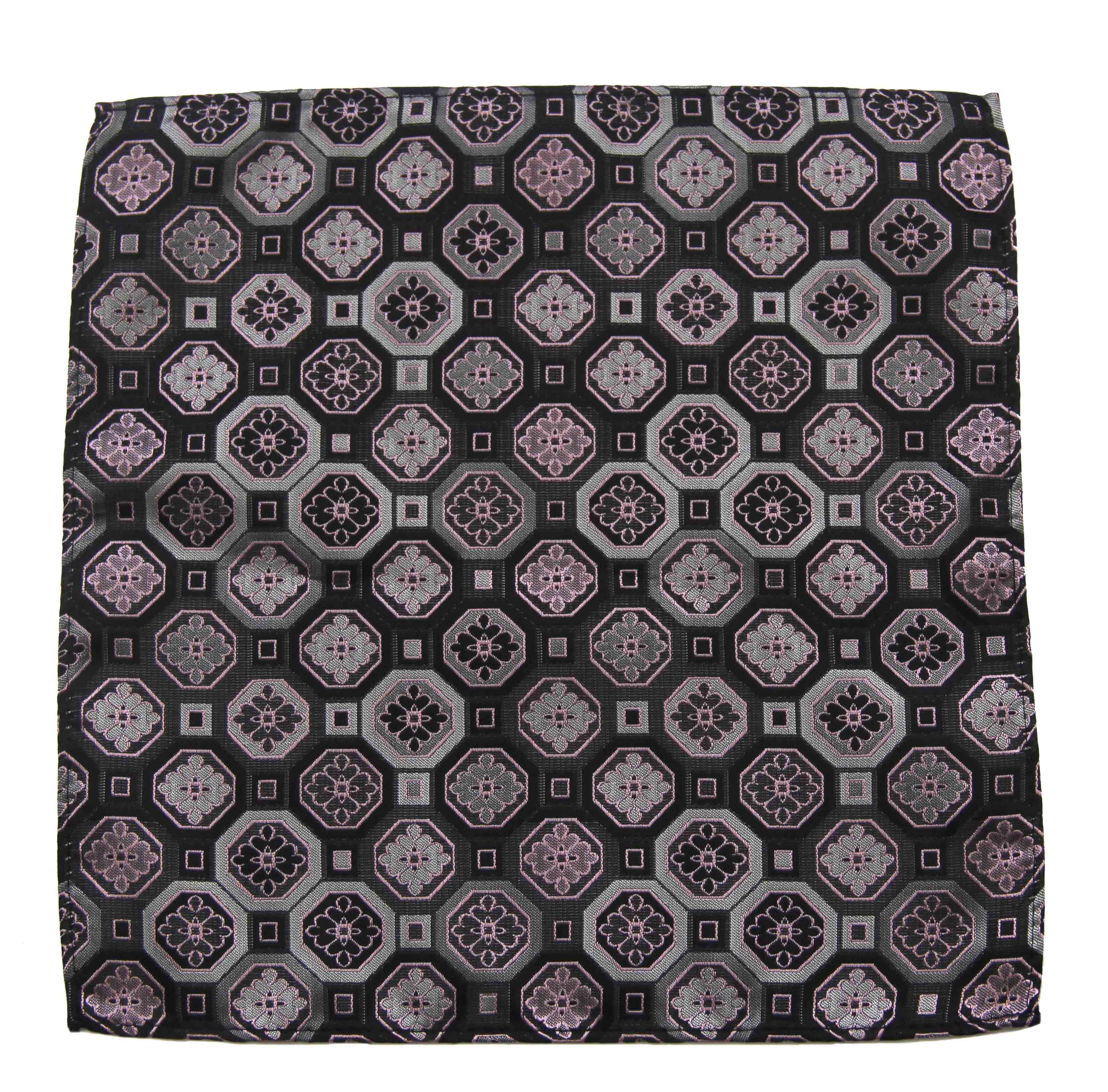 Gascoigne Pocket Square Gray Pink Geometric and Floral Pattern Men's