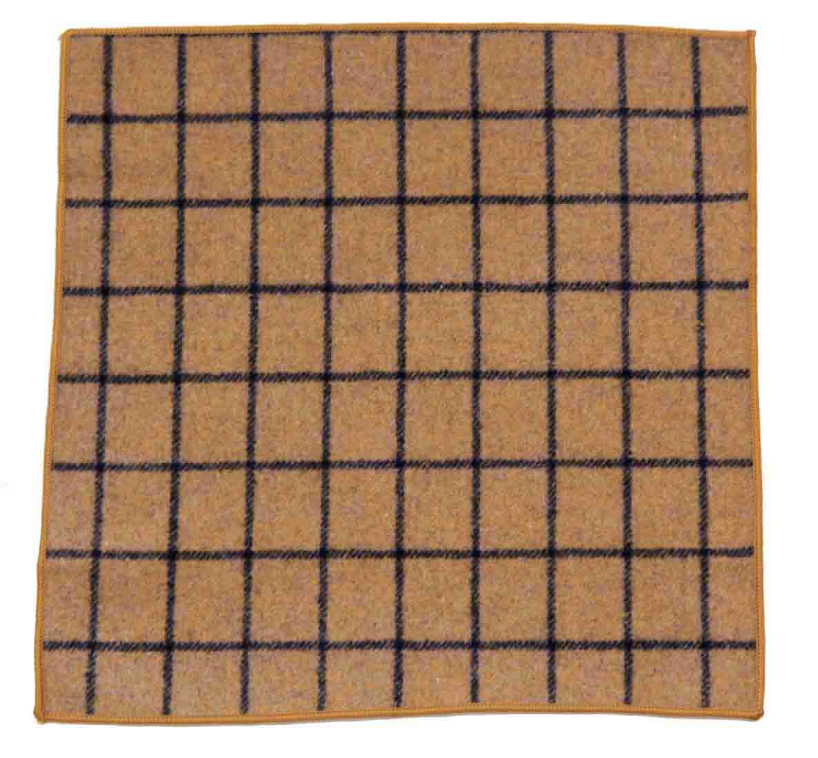 Gascoigne Pocket Square Wool and Cotton Brown Gray Window Pane Pattern Men's