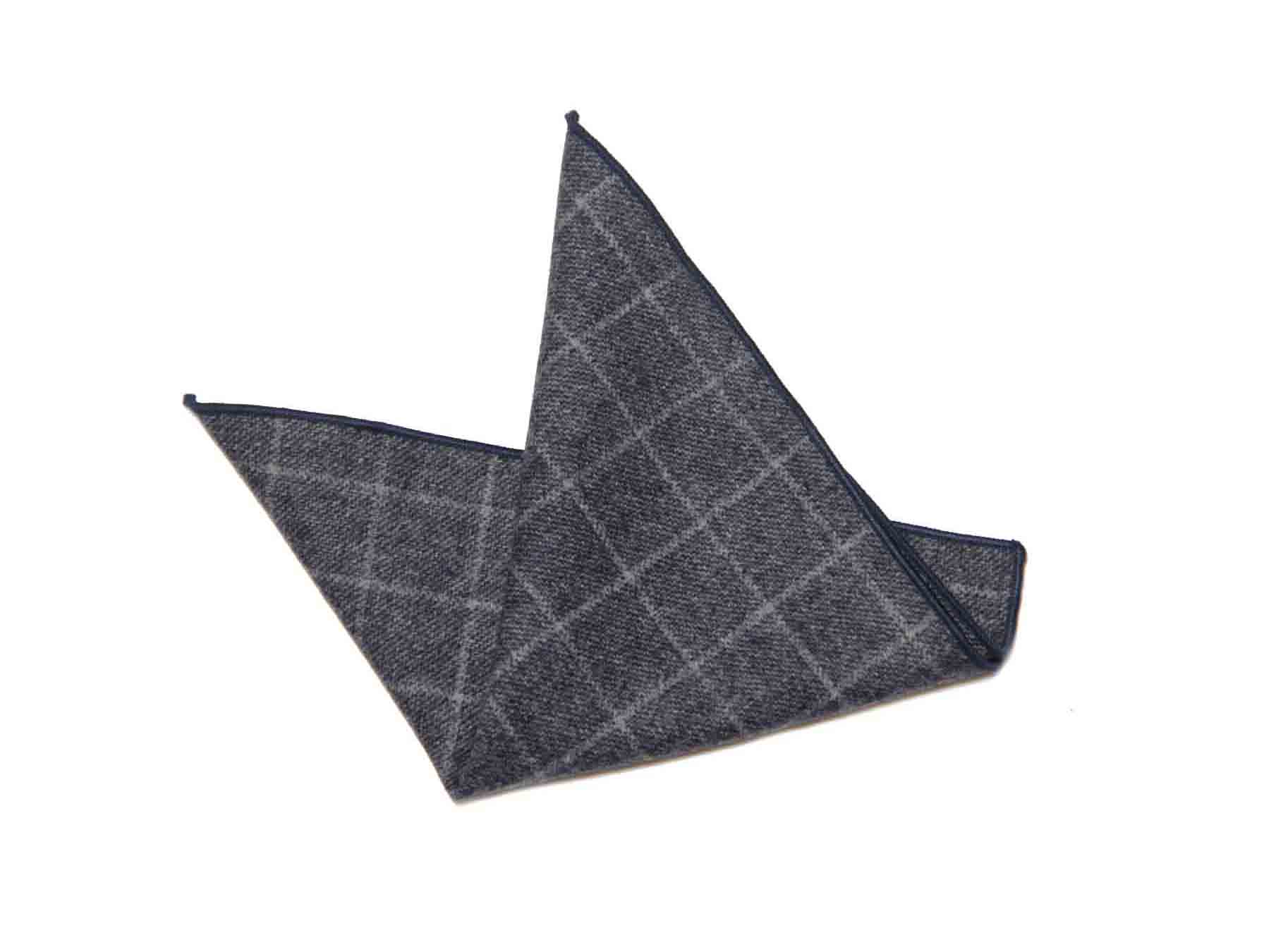 Gascoigne Pocket Square Wool Blend Gray Navy Blue Window Pane Pattern Men's