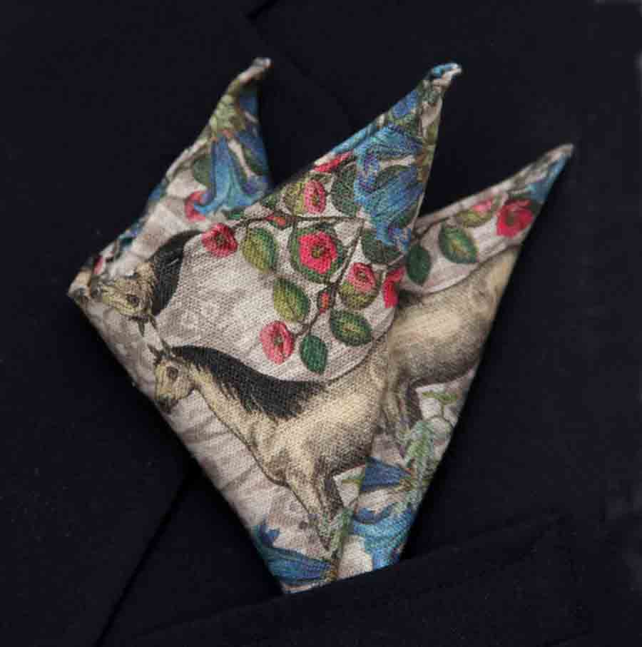 Hand Stitched European Linen Pocket Square Horses Floral Tan Red Brown Blue Men's Hand Stitched European Linen Pocket Square Horses Floral Tan Red Brown Blue Men's