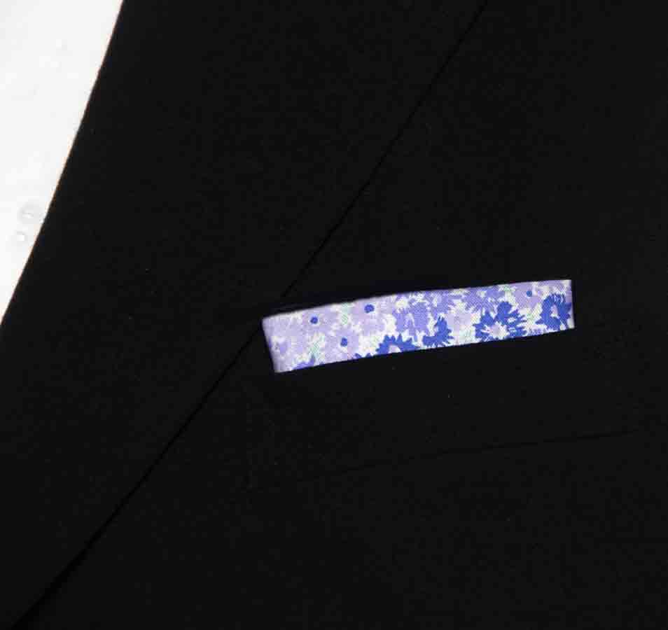 Hand Stitched Cotton Pocket Square Lavender Blue White Lilac Floral Men's