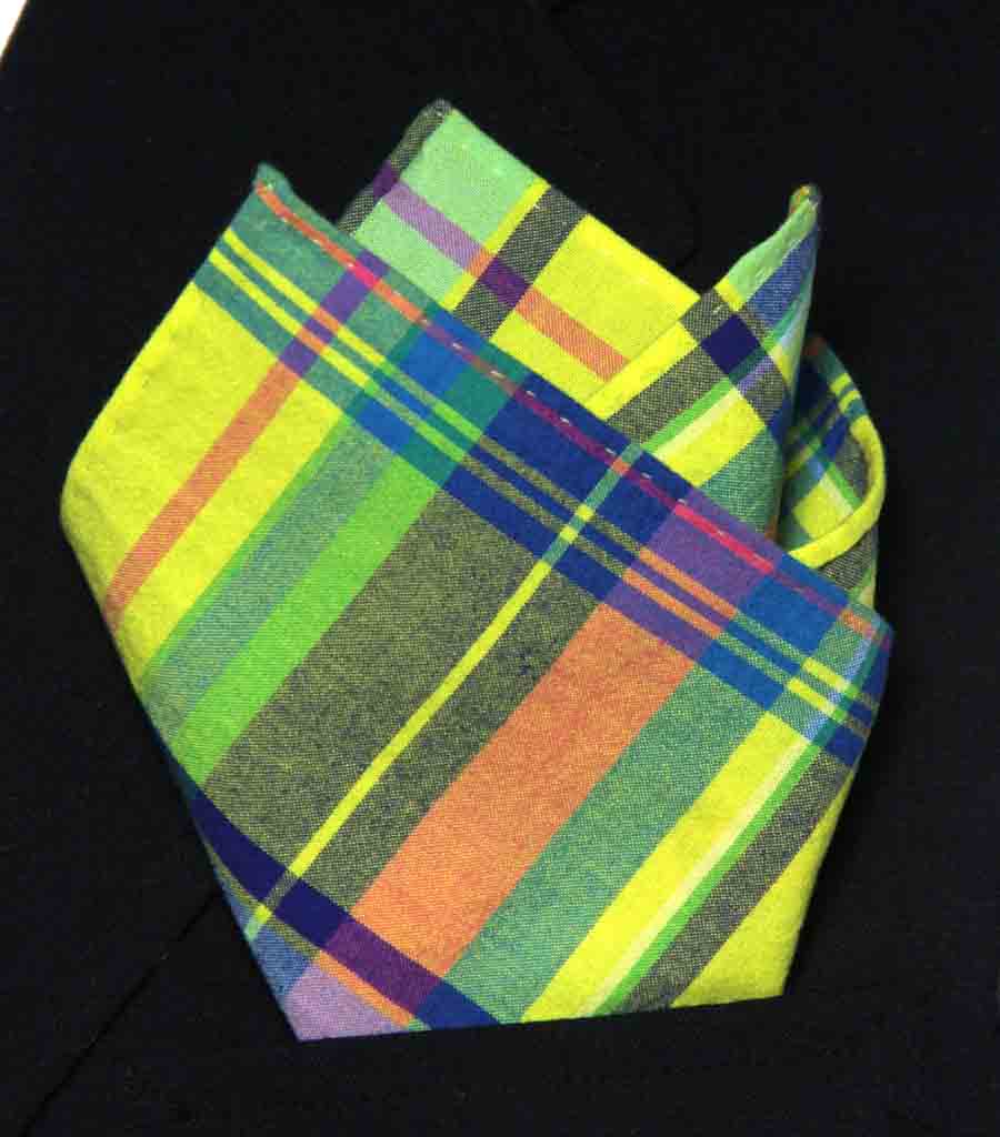 Gascoigne Hand Stitched India Madras Fabric Cotton Pocket Square Multicolor Plaid Men's