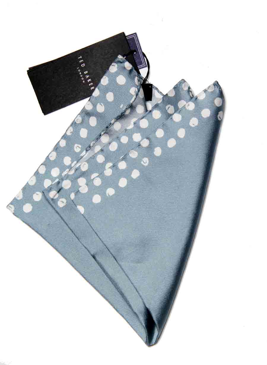Ted Baker London Italian Silk Pocket Square Blue White Polka Dot Border Men's
