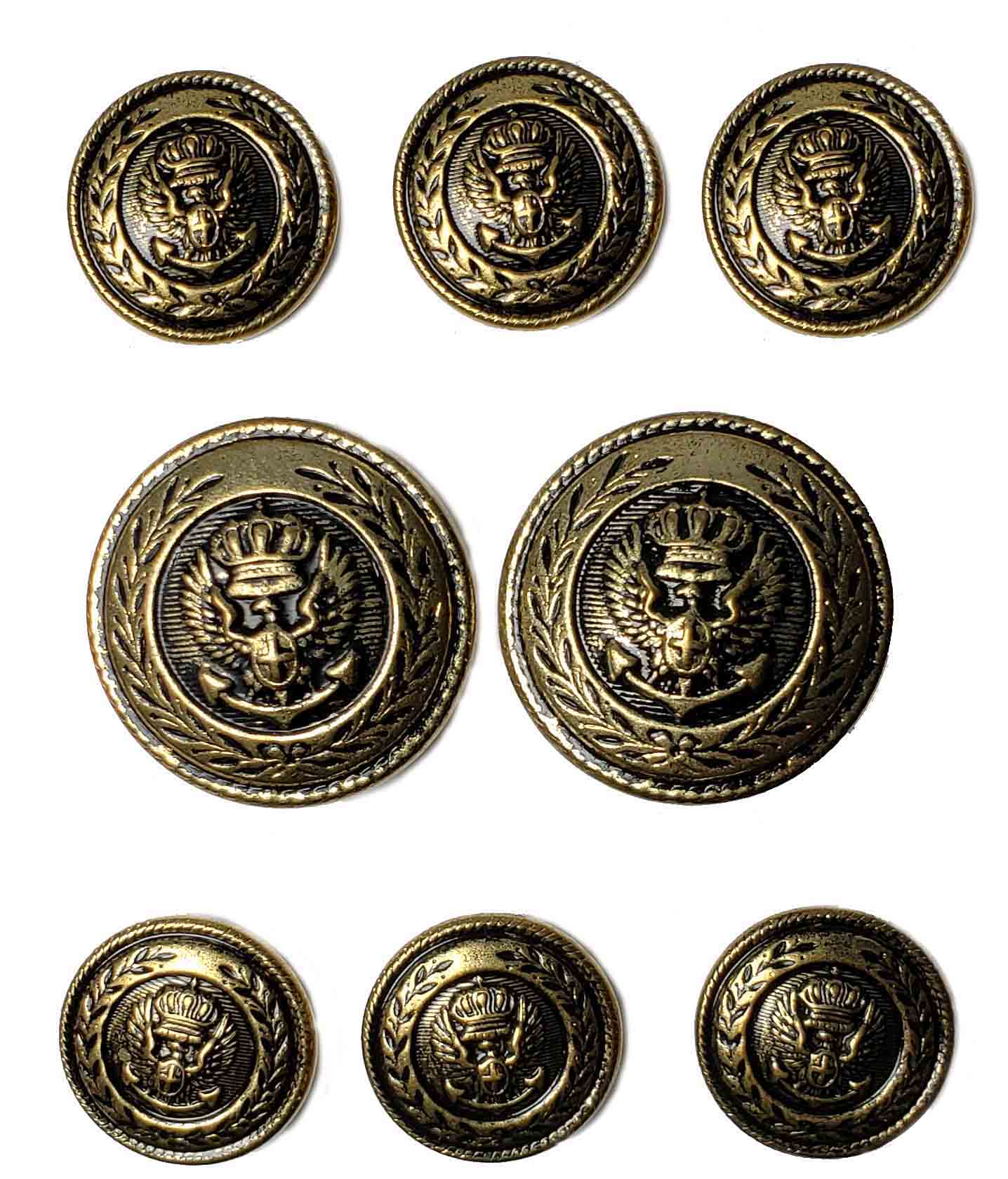 Waterbury Blazer Buttons Set Antique Gold Brass Crown Wheat Eagle Shank Men's