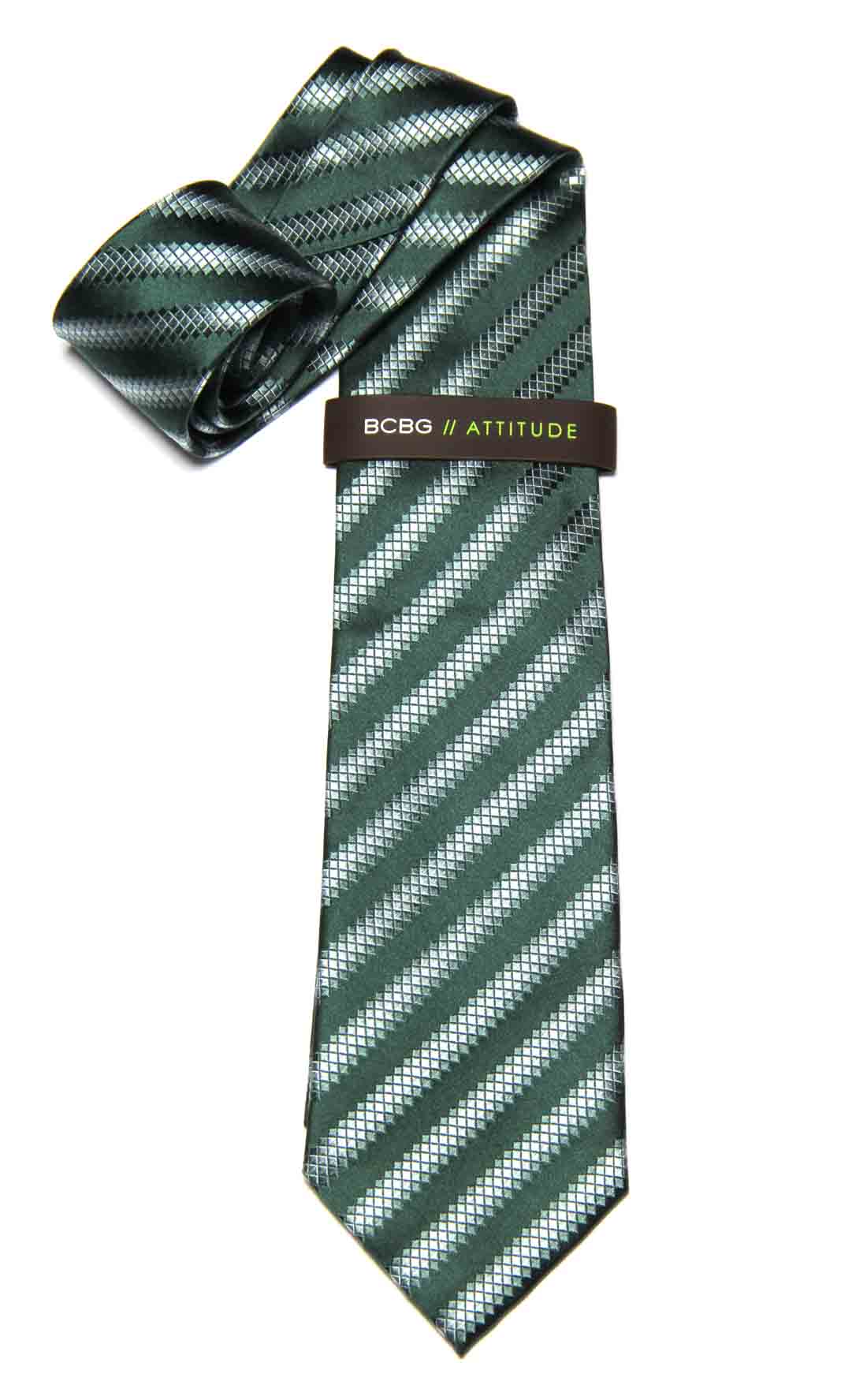 BCBG Tie Green White Gray Silk Striped Men's