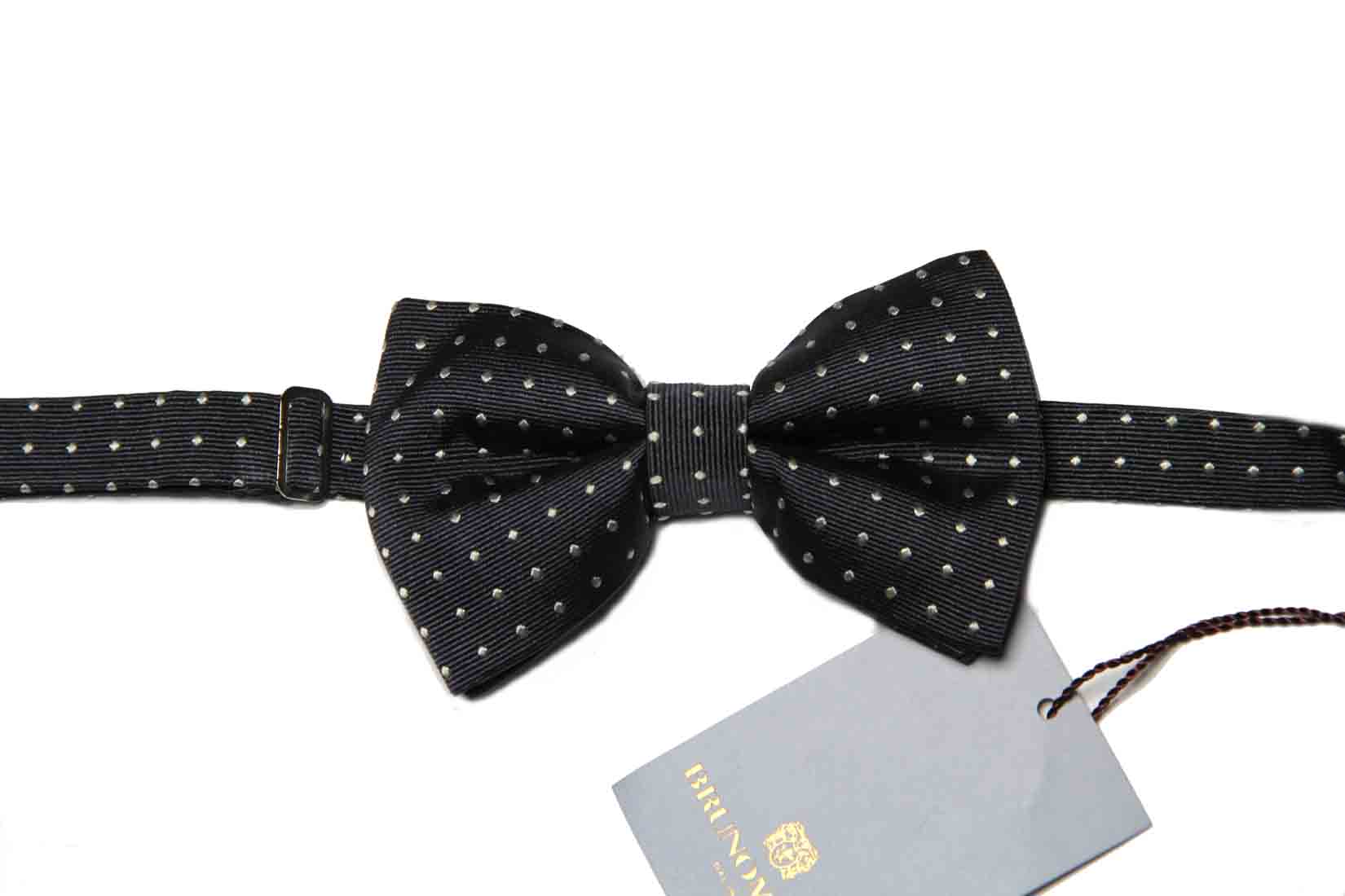 Bruno Magli Bow Tie Italian Silk Gray White Polka Dot Men's Pre-Tied