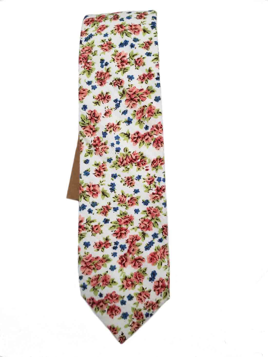 Floral Cotton Tie Narrow White Pink Green Blue Men's