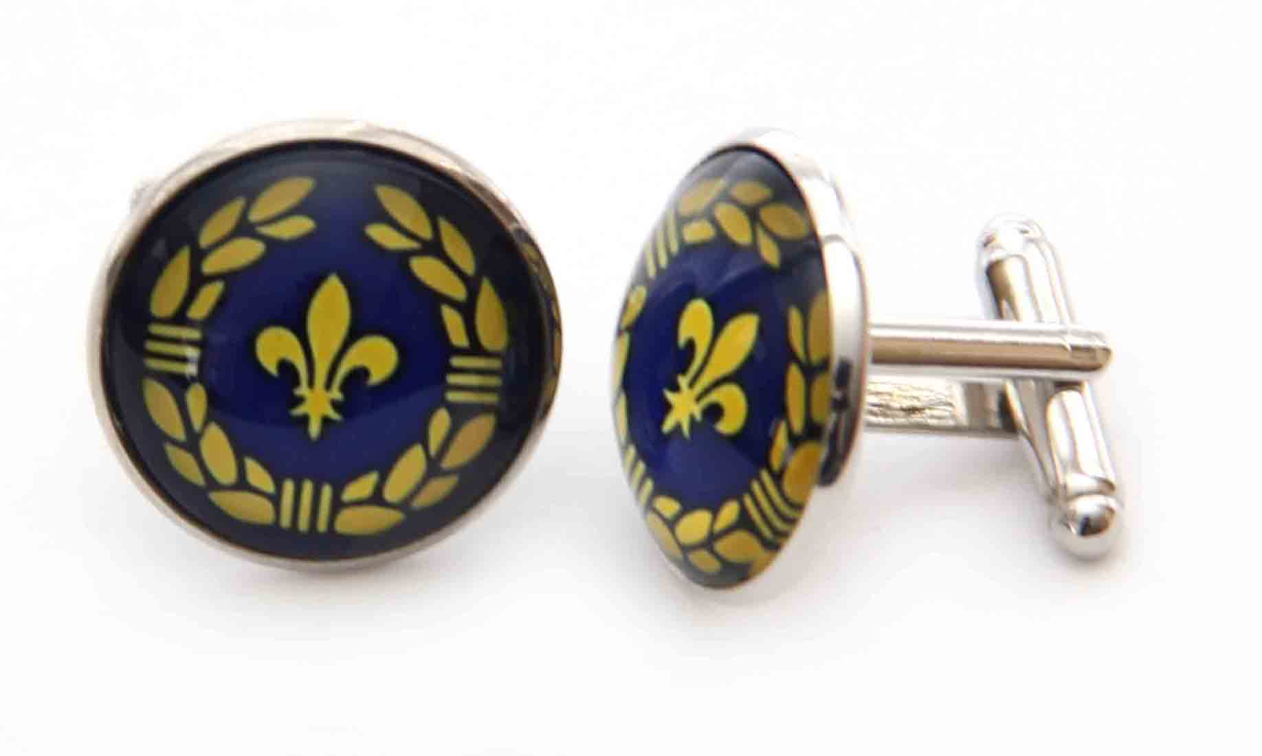 Gascoigne Cufflinks Silver Blue Yellow Fleur de Lis Pattern Men's