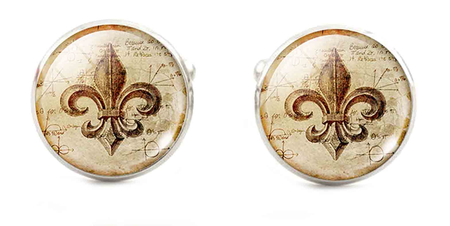 Gascoigne Cufflinks Fleur de Lis Pattern Silver Brown Cream Men's