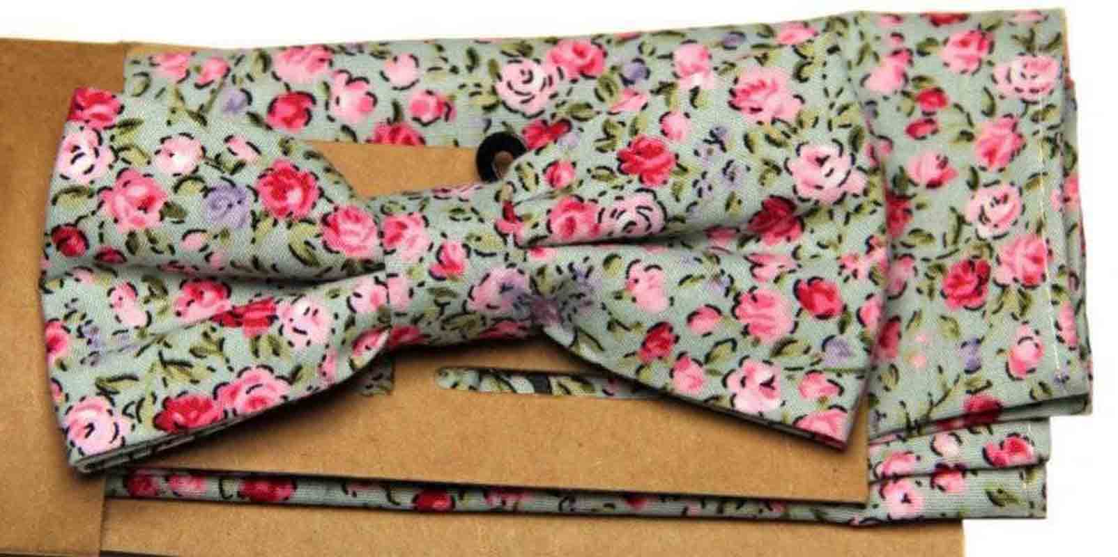 Floral Bow Tie and Pocket Square Set Cotton Green Pink Purple Men's