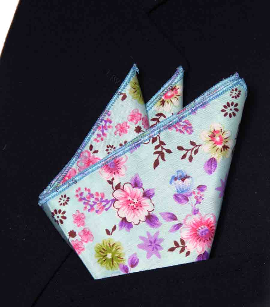 Gascoigne Pocket Square Cotton Floral Blue Pink Purple Men's