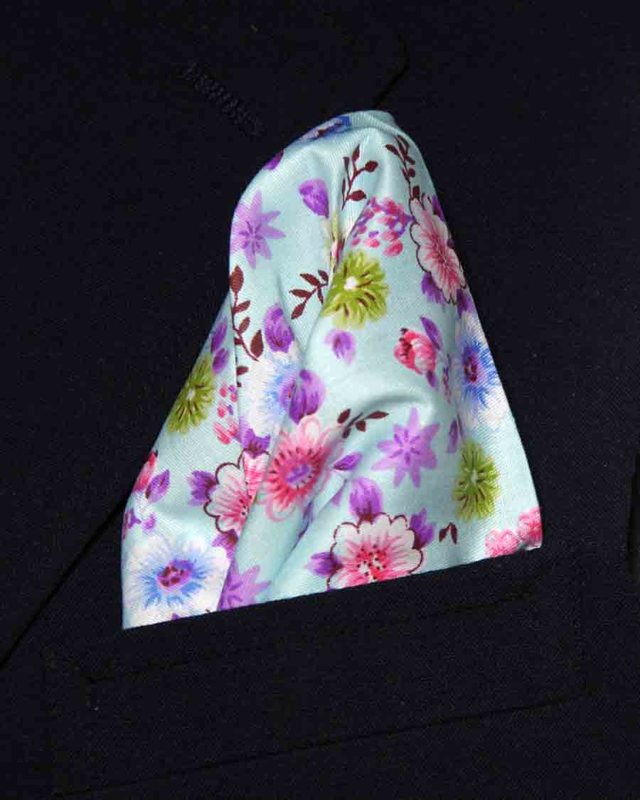 Gascoigne Pocket Square Cotton Floral Blue Pink Purple Men's
