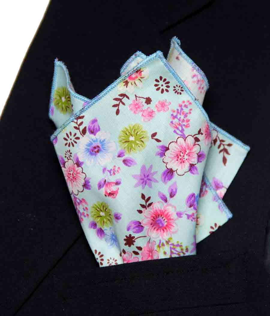 Gascoigne Pocket Square Cotton Floral Blue Pink Purple Men's