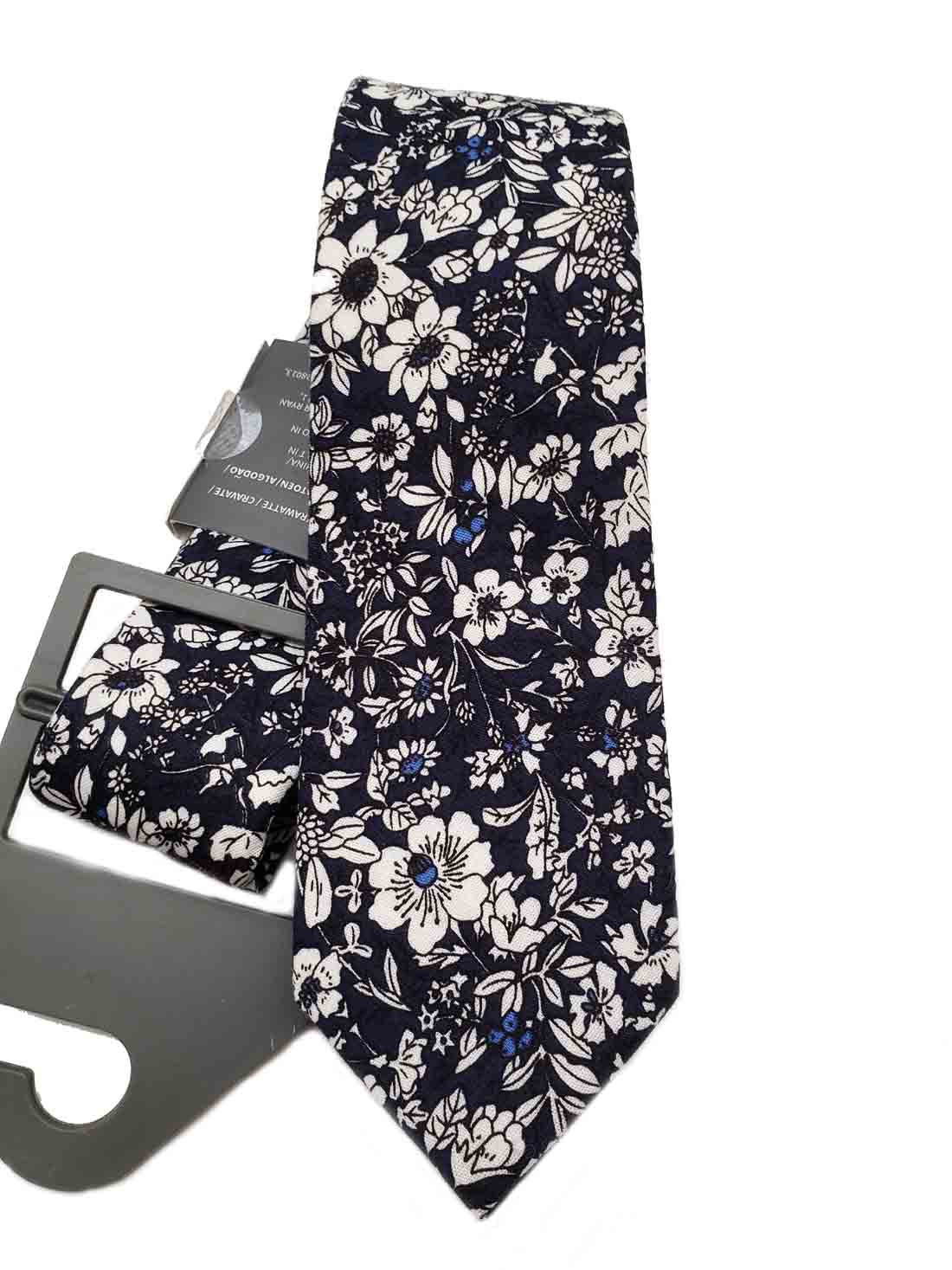 Floral Cotton Tie Navy Blue White Narrow Men's