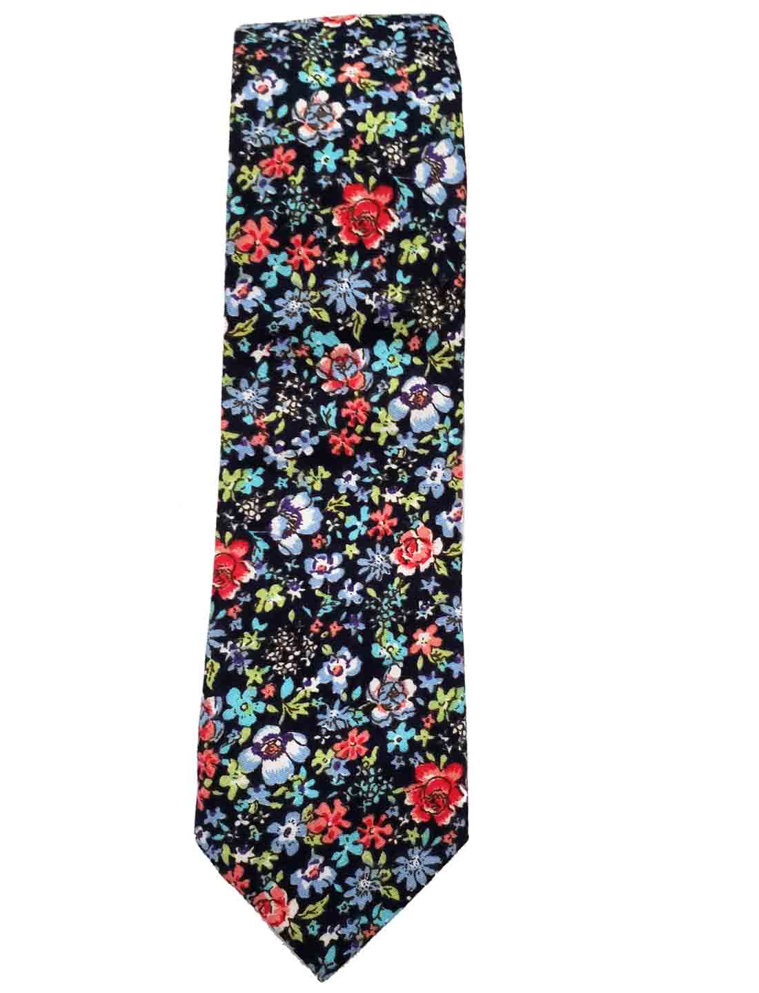Floral Cotton Tie Black Blue White Pink Men's Narrow