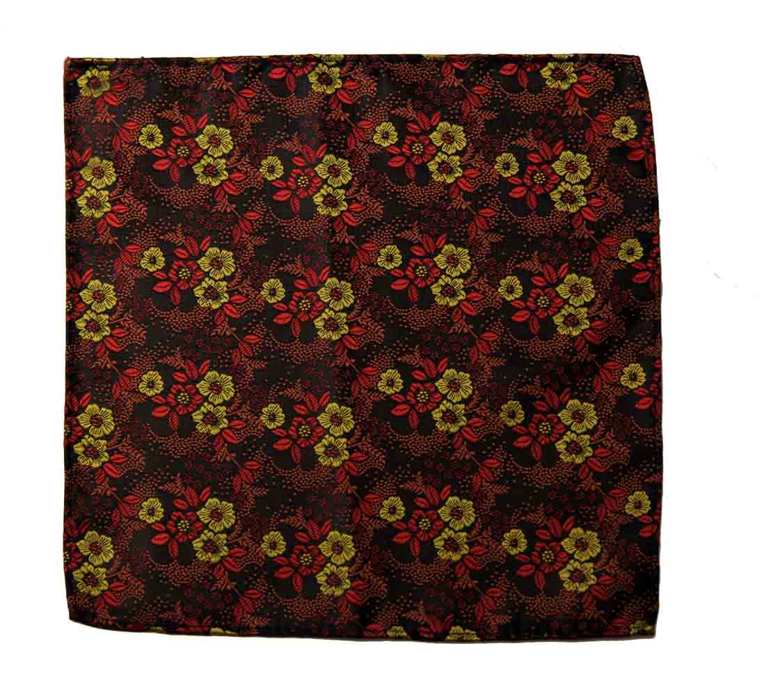 Gascoigne Silk Pocket Square Floral Red Gold Black Men's