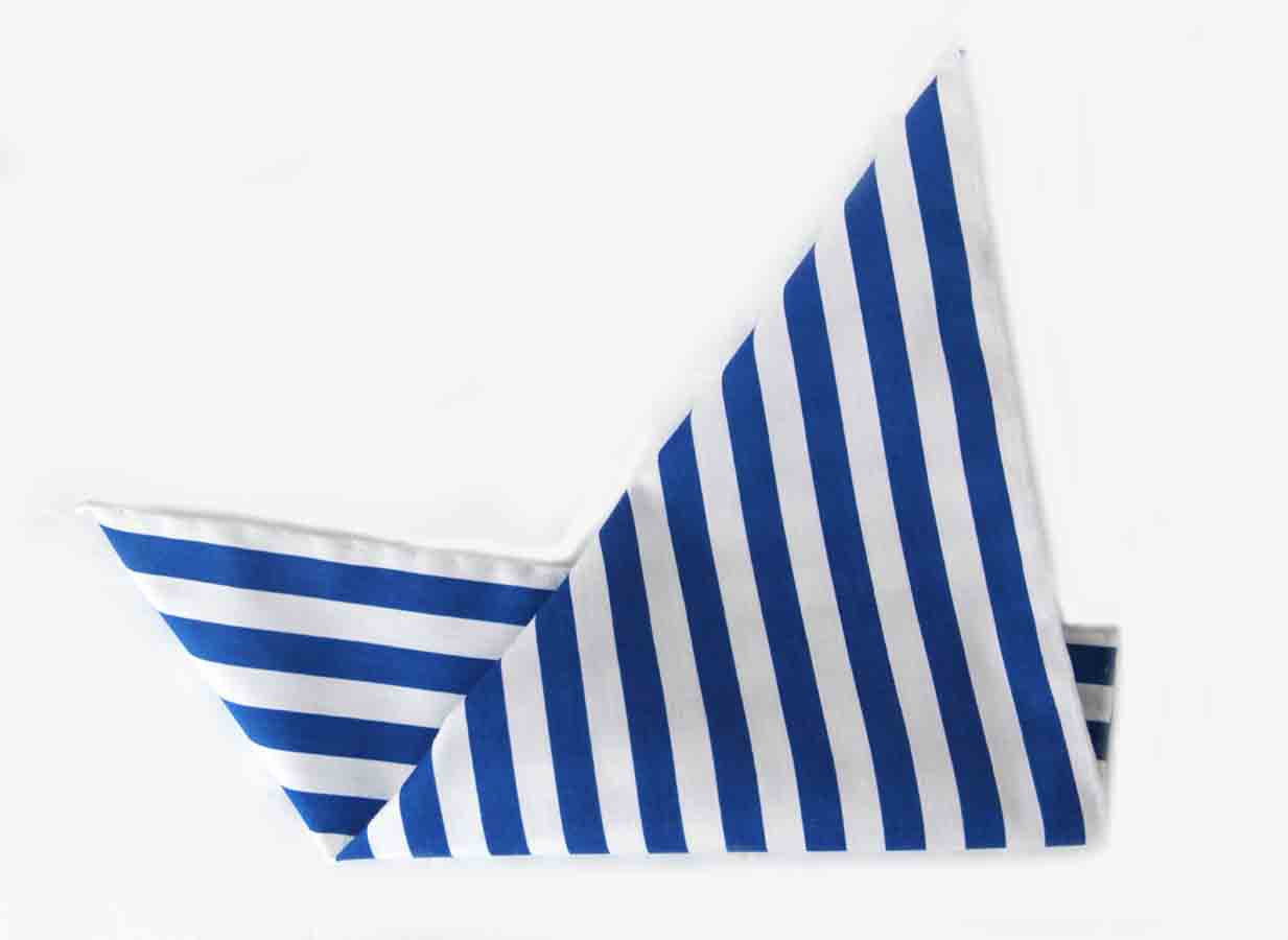 Gascoigne Hand Stitched Cotton Pocket Square Blue White Cabana Stripe Men's