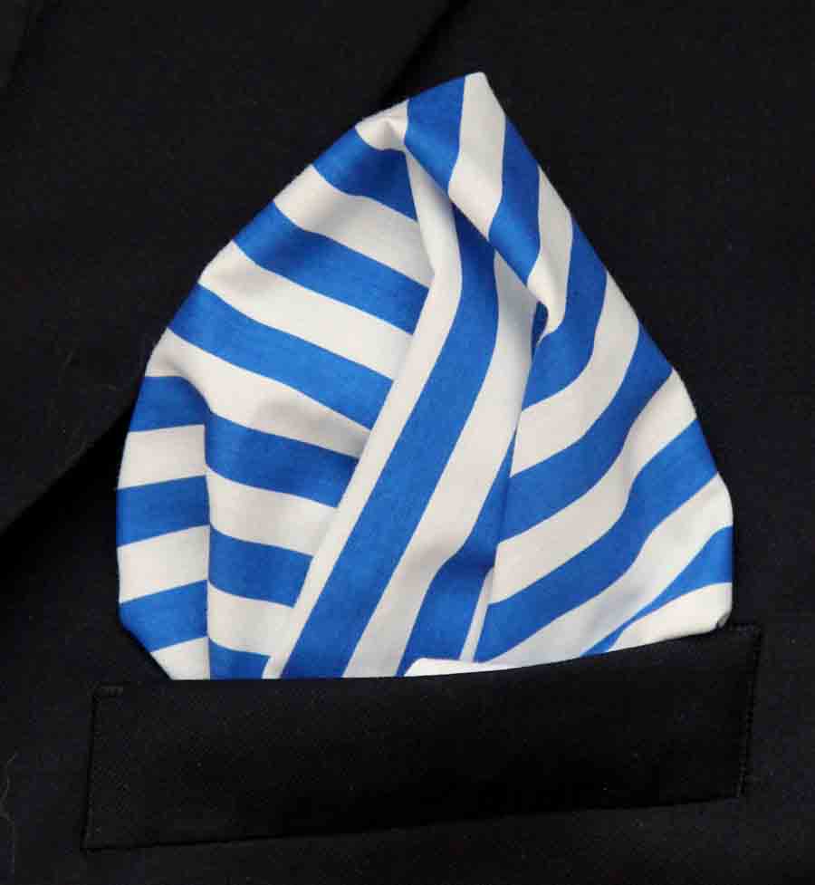 Gascoigne Hand Stitched Cotton Pocket Square Blue White Cabana Stripe Men's