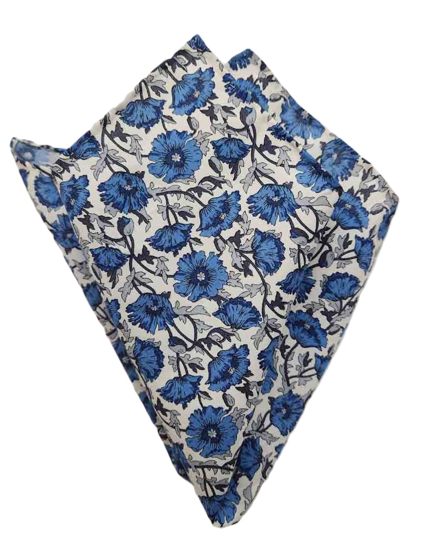 Hand Stitched Tana Lawn Italian Cotton Floral Pocket Square Blue Black