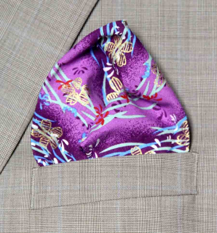 Gascoigne Hand Stitched Japanese Kimono Fabric Pocket Square Purple Floral Men's