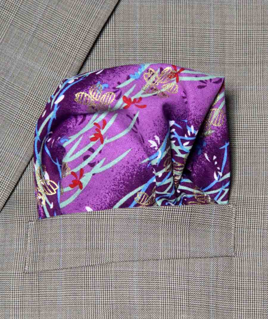 Gascoigne Hand Stitched Japanese Kimono Fabric Pocket Square Purple Floral Men's