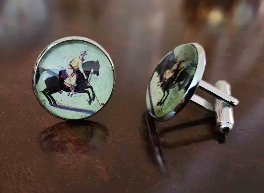 Gascoigne Polo Player Cufflinks Silver Metal Alloy Cabochon Equestrian Men's