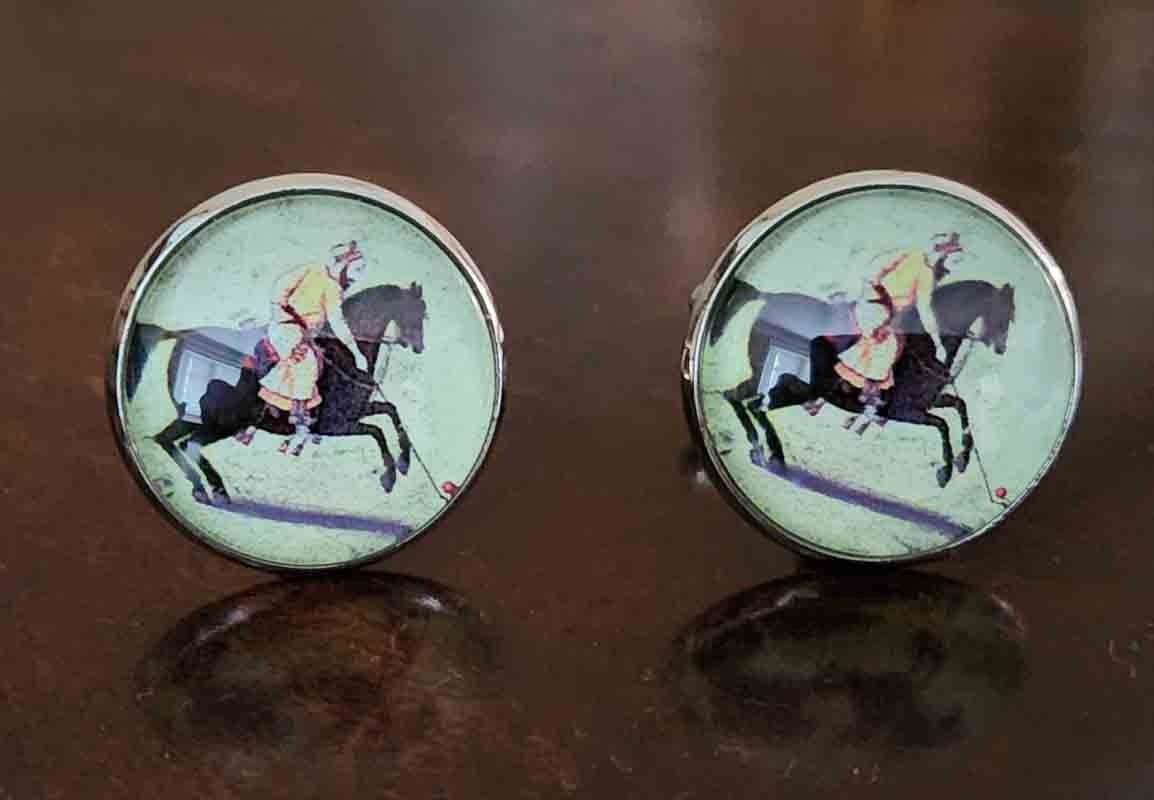 Gascoigne Polo Player Cufflinks Silver Metal Alloy Cabochon Equestrian Men's