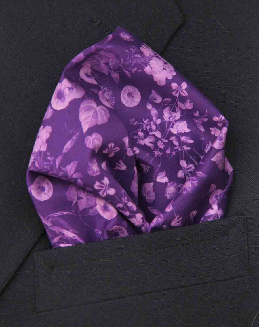 Gascoigne Hand Stitched Italian Cotton Pocket Square Purple Floral Men's