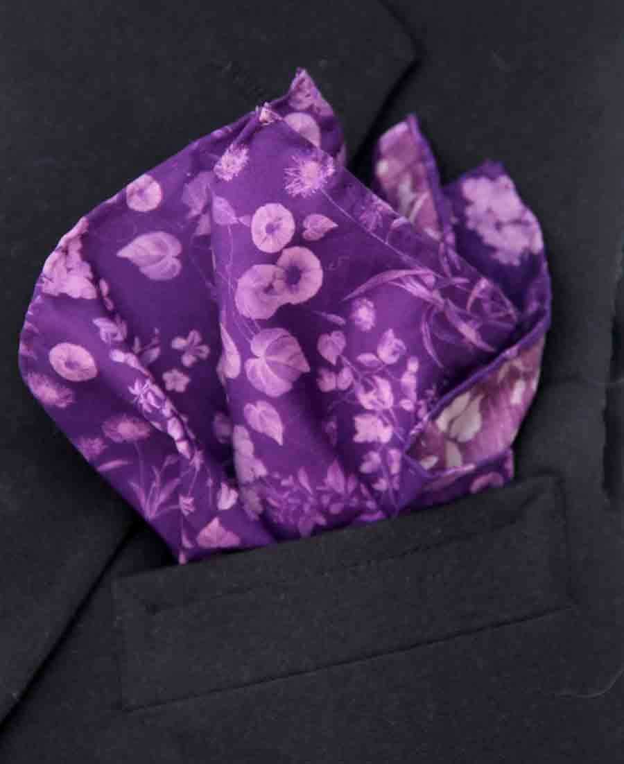 Gascoigne Hand Stitched Italian Cotton Pocket Square Purple Floral Men's
