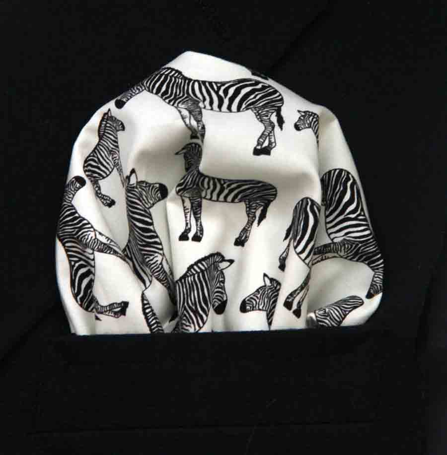 Gascoigne Hand Stitched Pocket Square White Black Zebra Pattern Men's