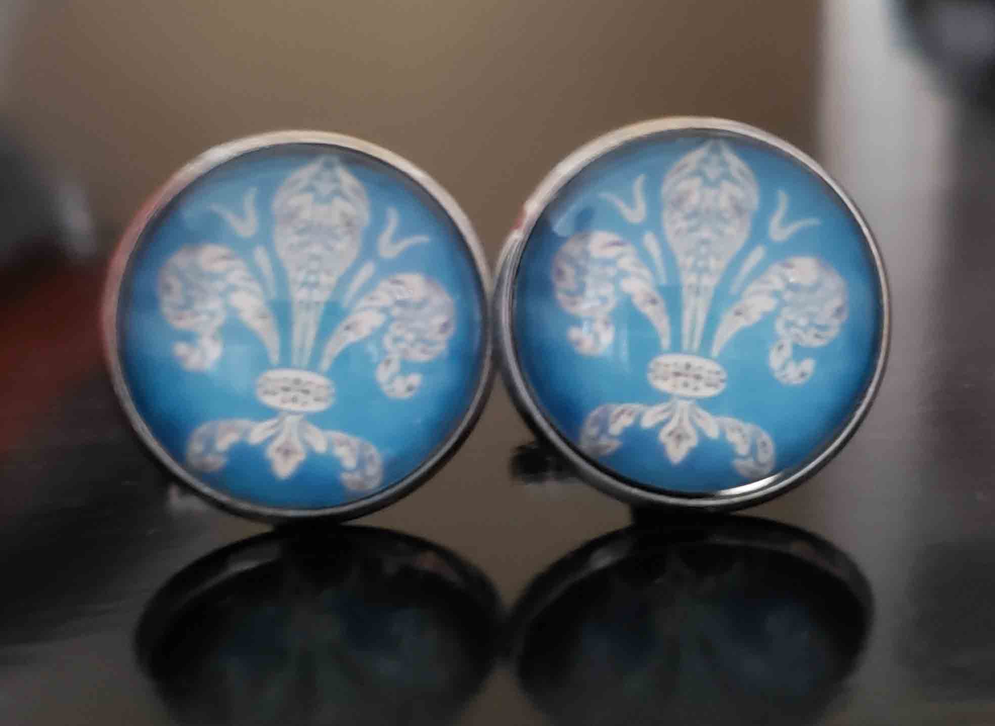 Gascoigne Cufflinks Silver Metal Alloy Blue White Fleur De Lis Pattern Men's