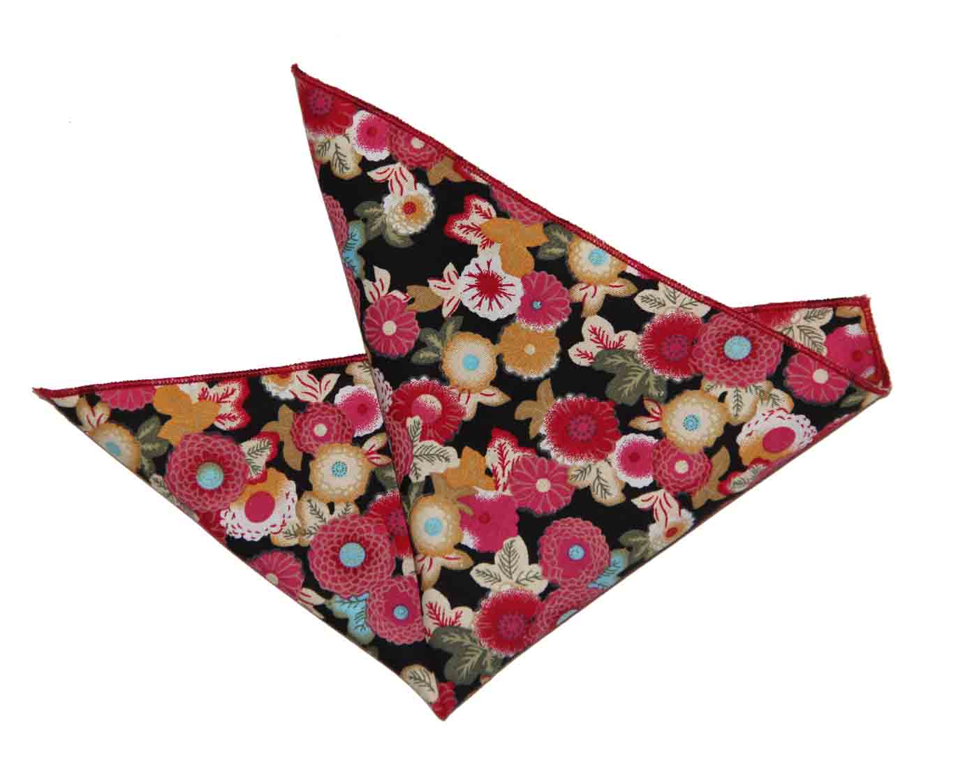 Gascoigne Pocket Square Floral Cotton Pink Red Yellow Black Men's