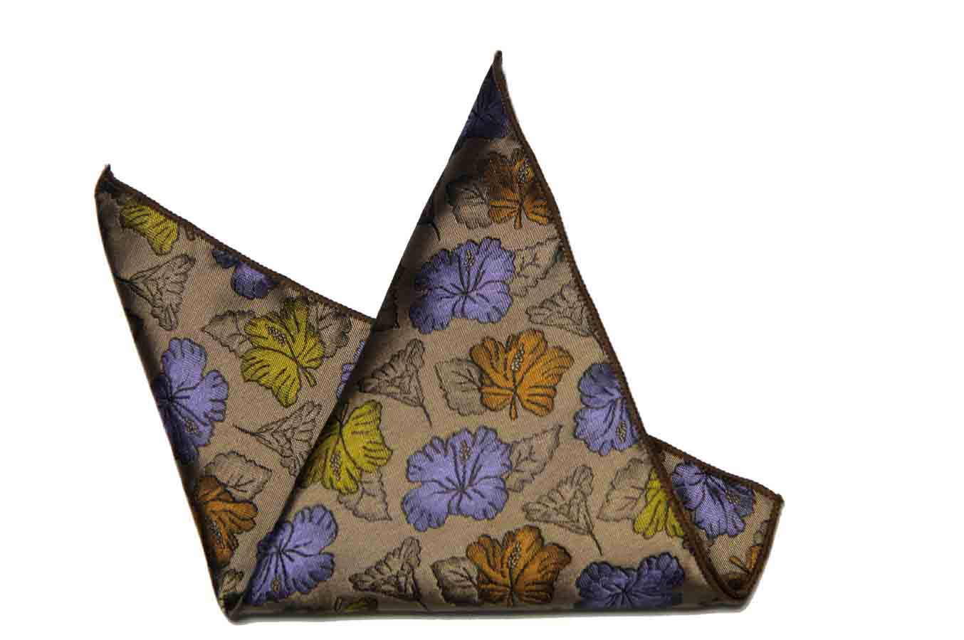 Gascoigne Pocket Square Brown Gold Gray Orange Floral Leaf Men's