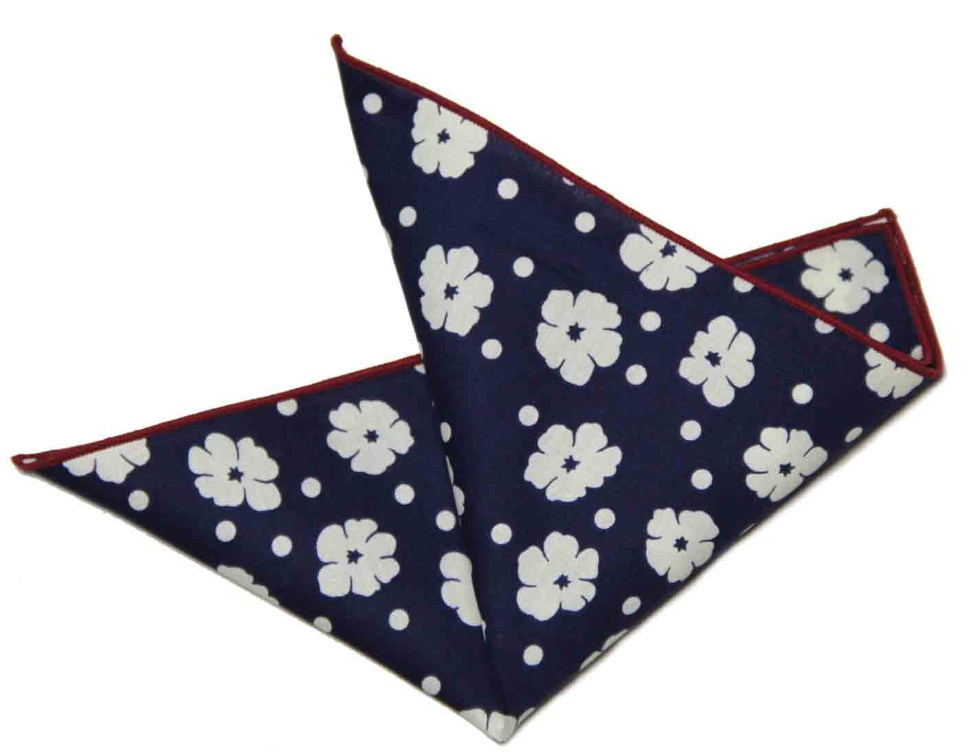 Gascoigne Pocket Square Floral Dots Navy Blue White Red Cotton Men's