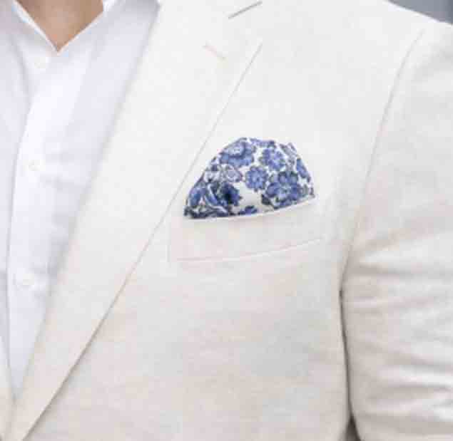 Hand Stitched Tana Lawn Italian Cotton Floral Pocket Square Blue Black